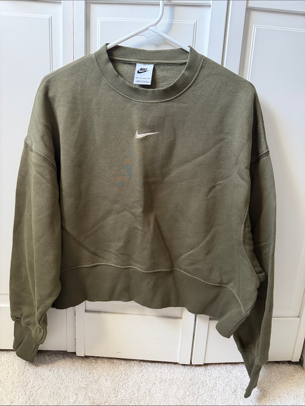 Nike Olive Green Cropped Crew Sweatshirt with White Swoosh